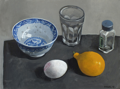 Pavel Feinstein: 1982 - Porzellanschale mit Ei, Orange, Wasserglas und Salzstreuer, 2015