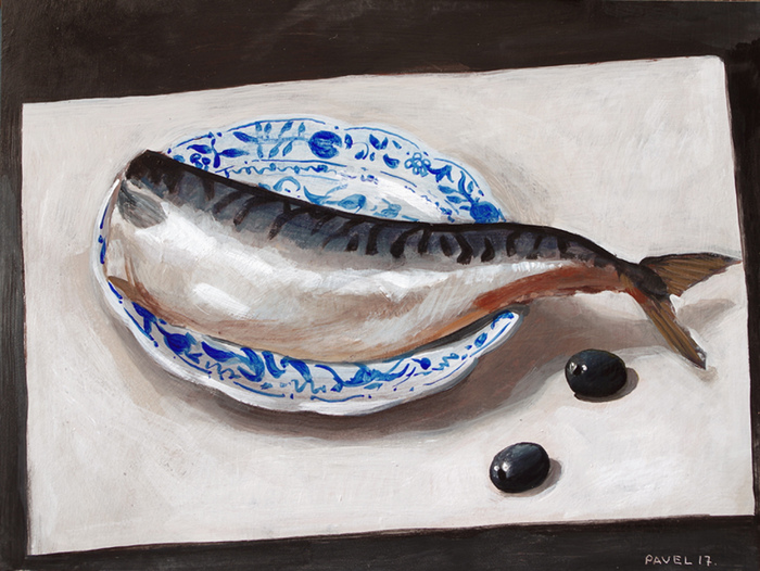 2238 - Fisch auf blau-weissem Porzellan mit Oliven