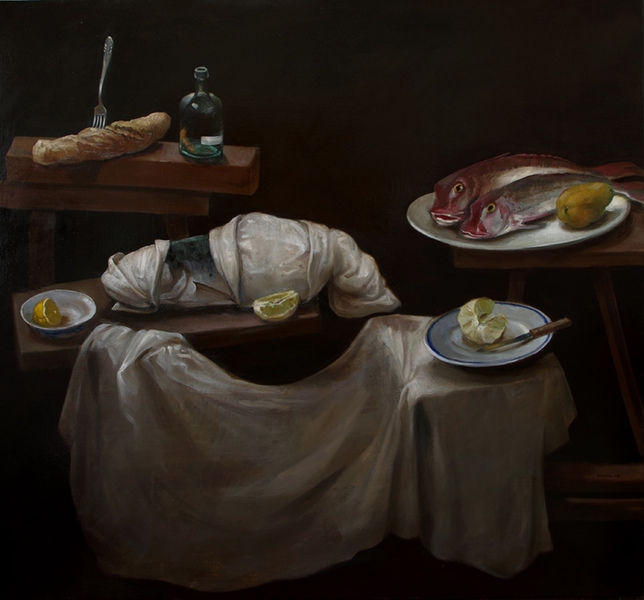 2414 - Schemel mit Fischen und Obst