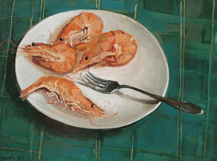 2726 - Gambas auf weißem Teller mit Gabel