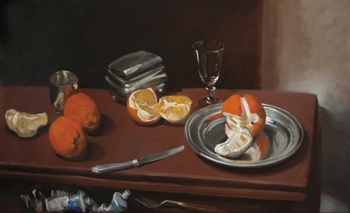 2783 - Orangen und Silbergeschirr mit Glas und Farbtuben