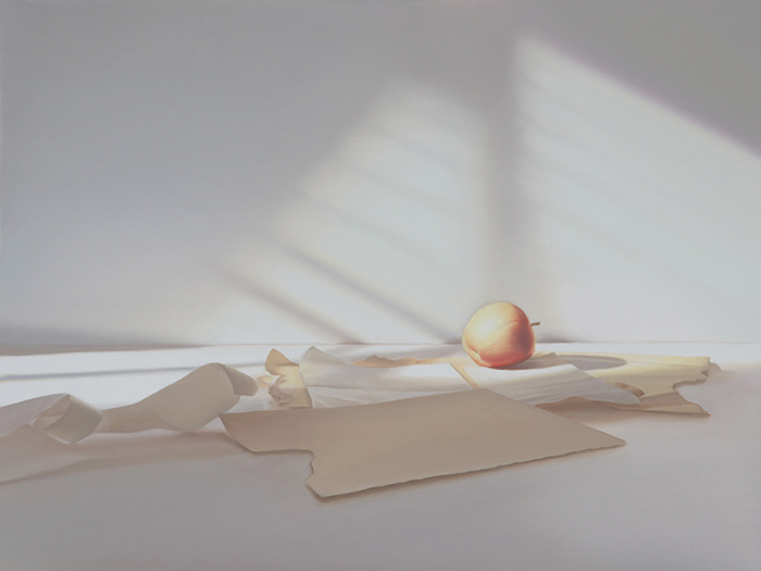 Papierblätter mit Apfel im Licht