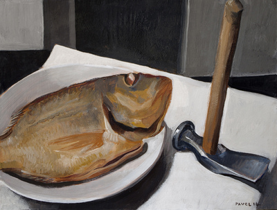 Pavel Feinstein: 2160 - Fisch auf weißem Teller mit Hammer, 2016