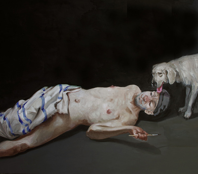 Pavel Feinstein: 2586 - Liegender Künstler mit Hund, 2020