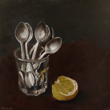 Pavel Feinstein: 2694 - Glas mit silbernen Löffeln und Zitrone, 2021