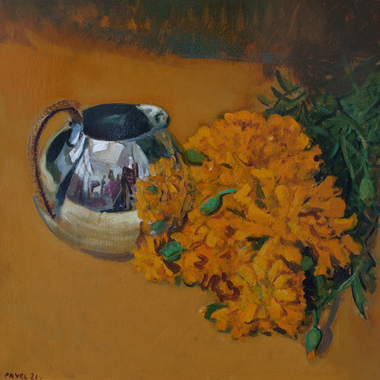 Pavel Feinstein: 2770 - Silberkännchen mit orangefarbenen Blumen, 2021