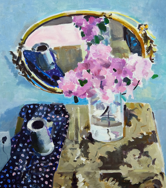 Donald Vaccino: Oval Mirror with Pink Flowers, 2022